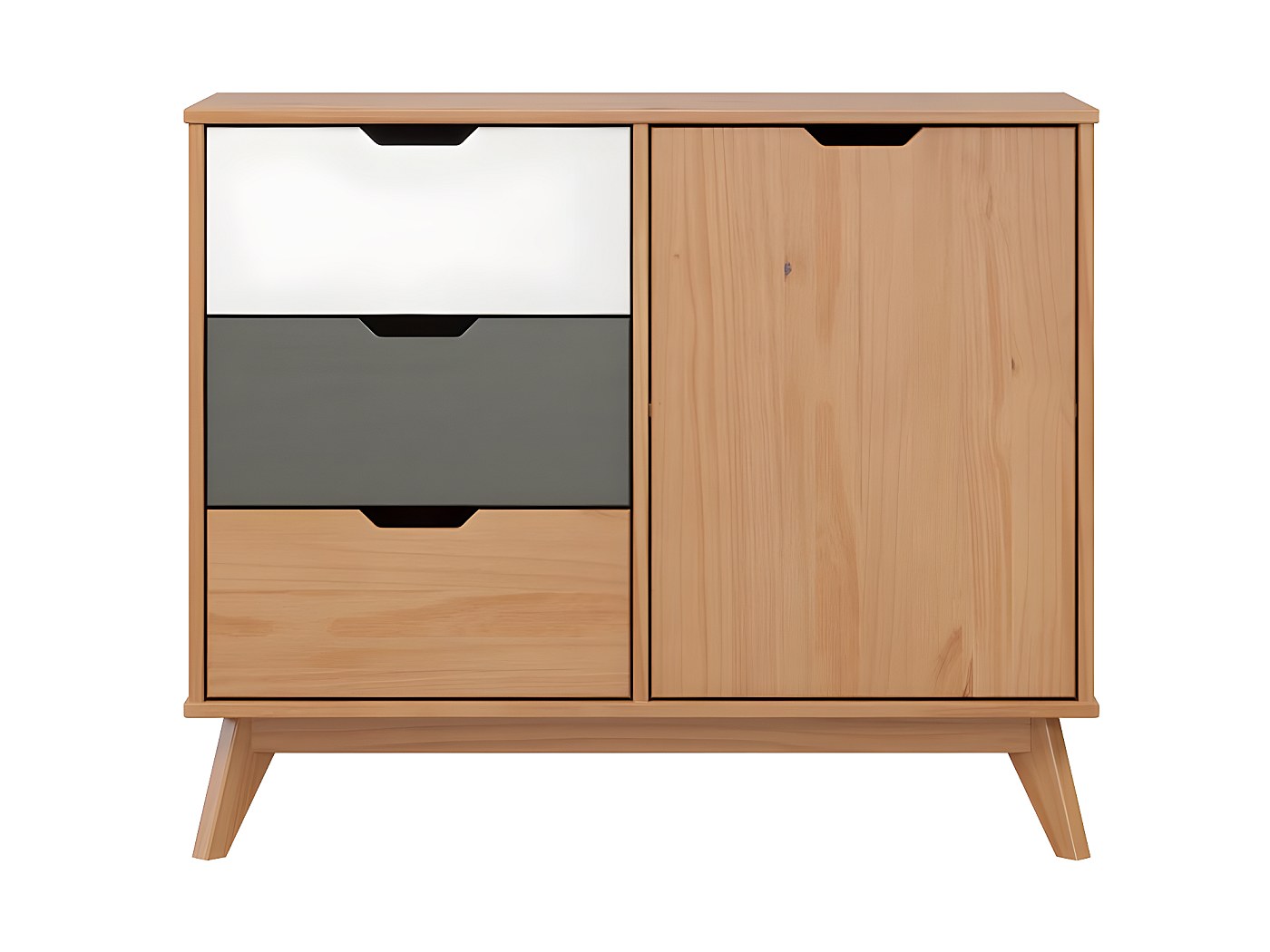 Scandik Kommode , Sideboard 1 Tür, 3 Schubladen honig,weiß,grau.