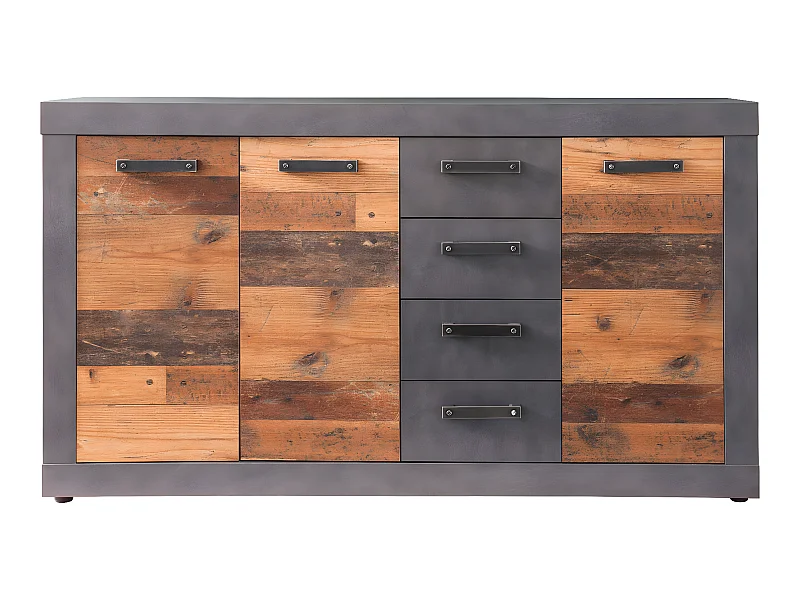 Indy Commode, 3 portes, 4 tiroirs, imitation chêne gris, vieux bois.