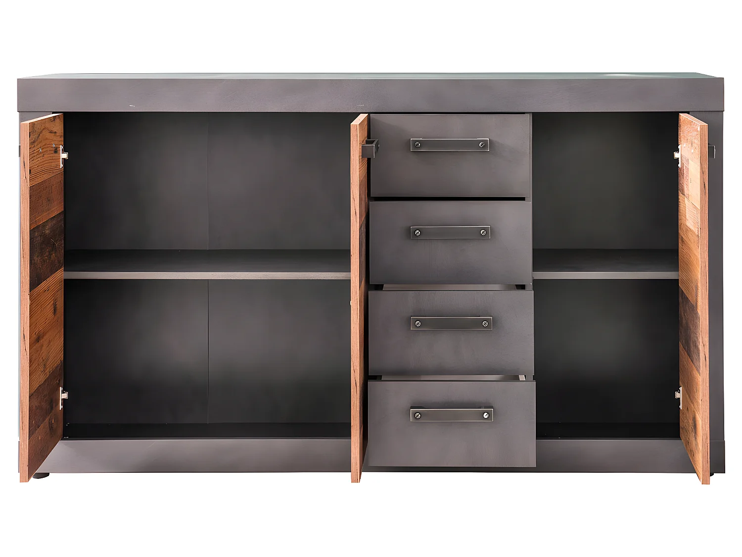 Indy Commode, 3 portes, 4 tiroirs, imitation chêne gris, vieux bois.