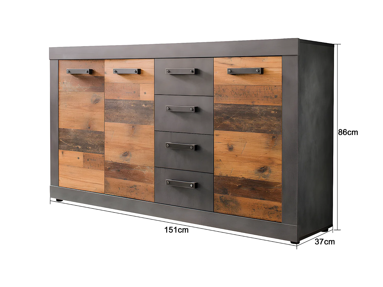 Indy Commode, 3 portes, 4 tiroirs, imitation chêne gris, vieux bois.