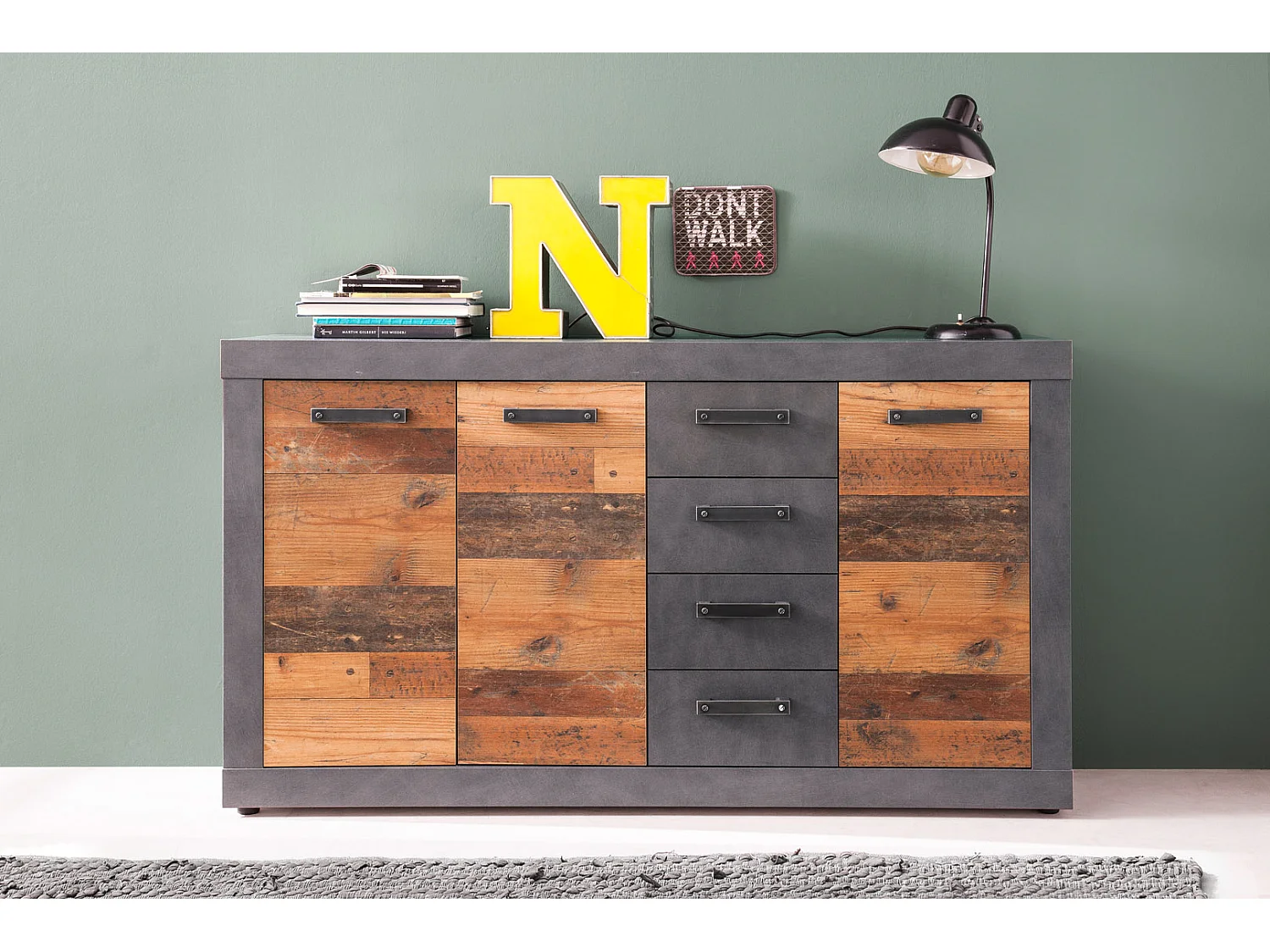 Indy Commode, 3 portes, 4 tiroirs, imitation chêne gris, vieux bois.