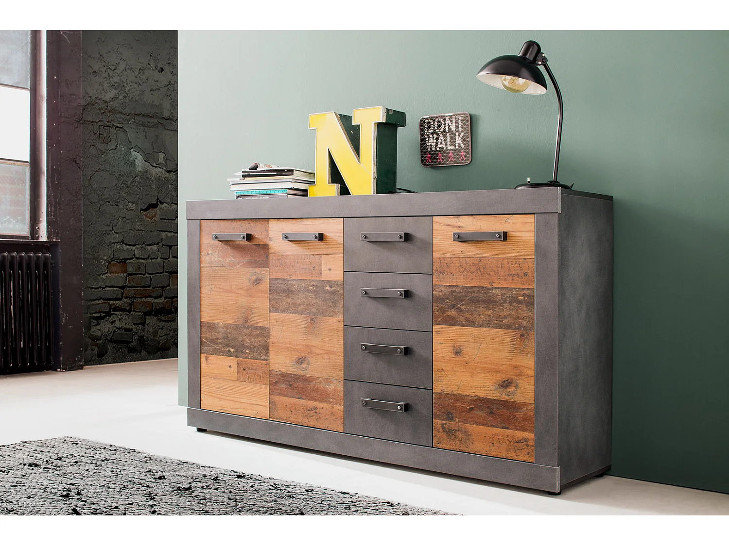 Indy Commode, 3 portes, 4 tiroirs, imitation chêne gris, vieux bois.