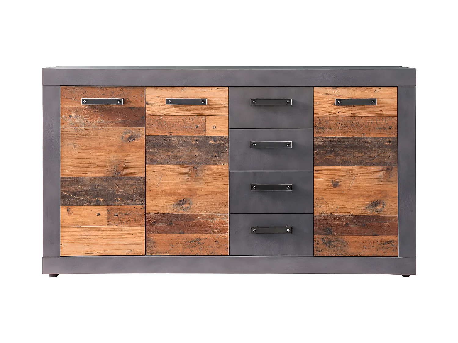 Indy Commode, 3 portes, 4 tiroirs, imitation chêne gris, vieux bois.