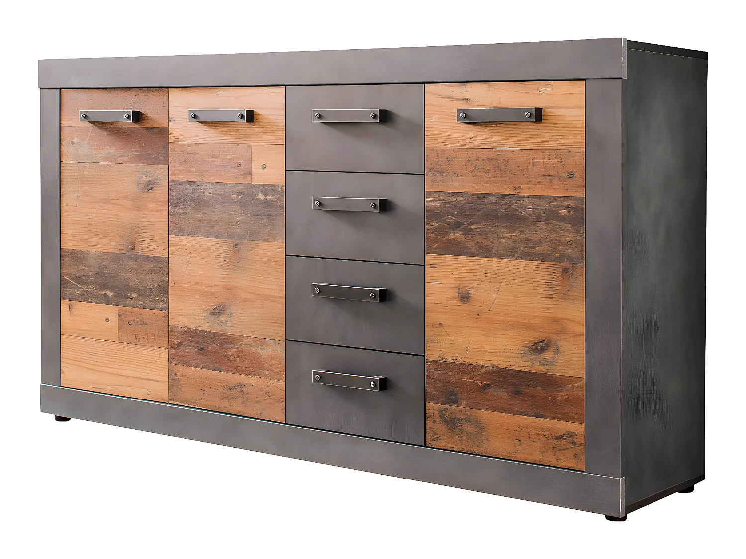 Indy Kommode 3 Türen, 4 Schubladen grau Eiche Dekor, Old Wood Dekor.