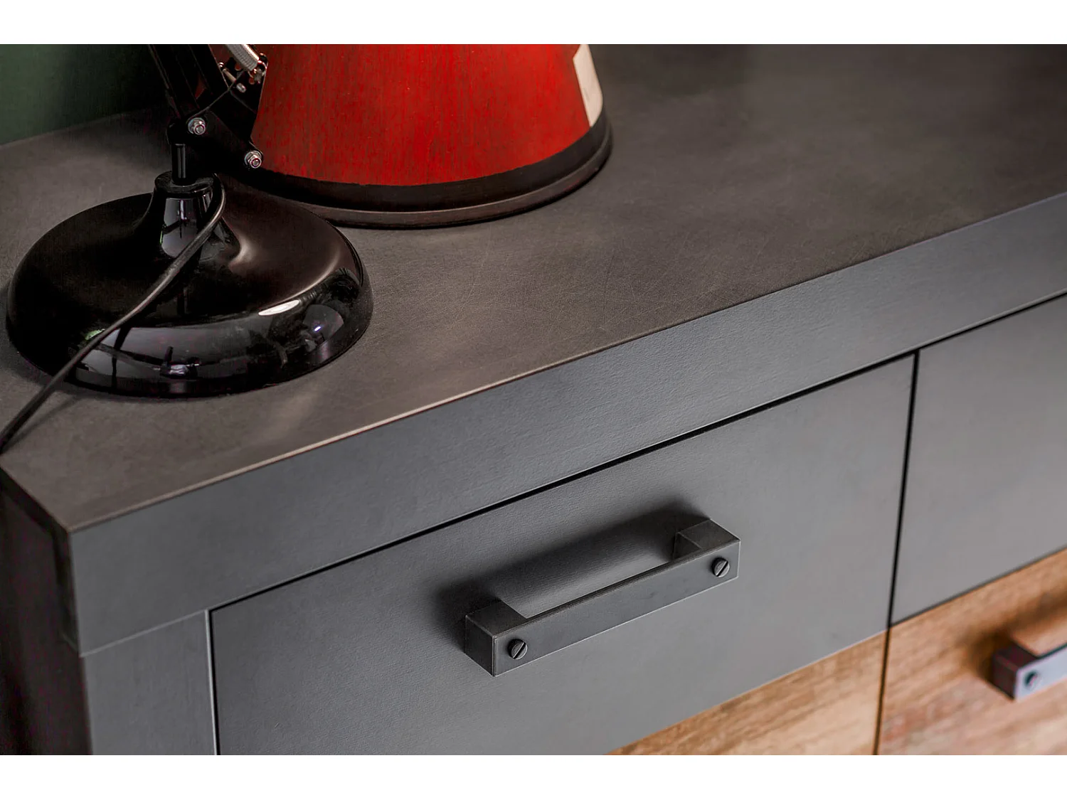 Indy Kommode 3 Türen, 4 Schubladen grau Eiche Dekor, Old Wood Dekor.