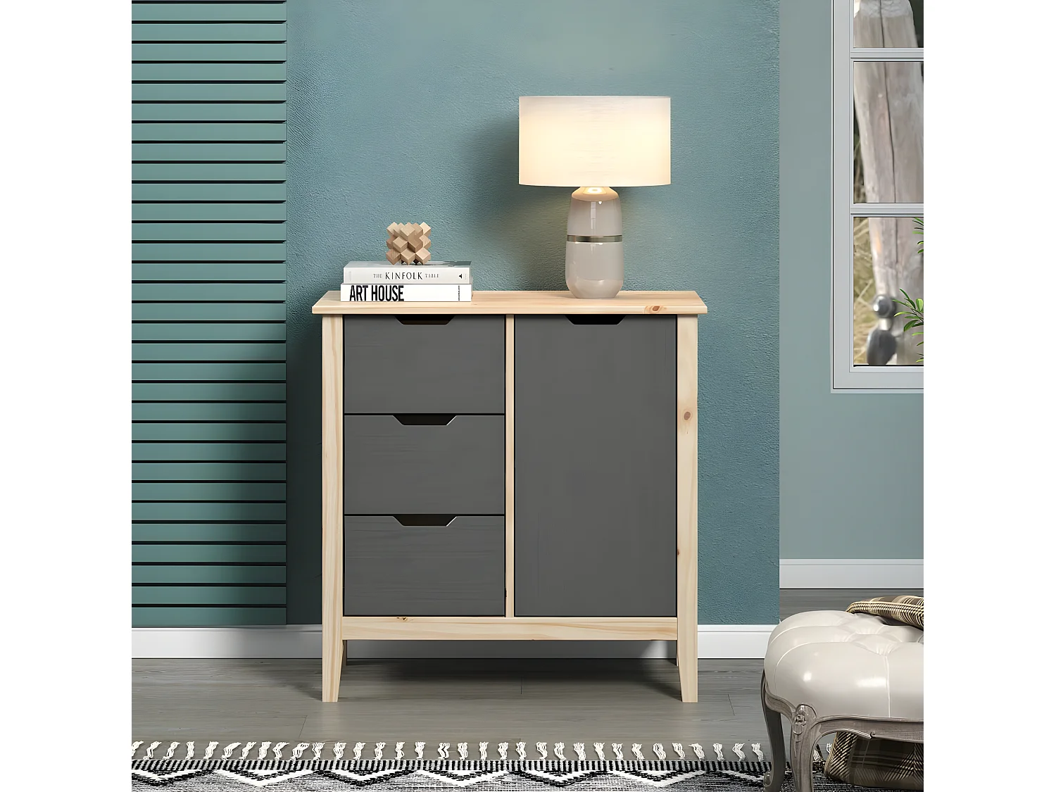 Latera commode 3 tiroirs, 1 porte gris.