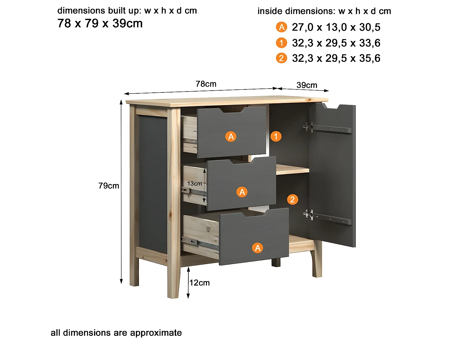 Latera commode 3 tiroirs, 1 porte gris.