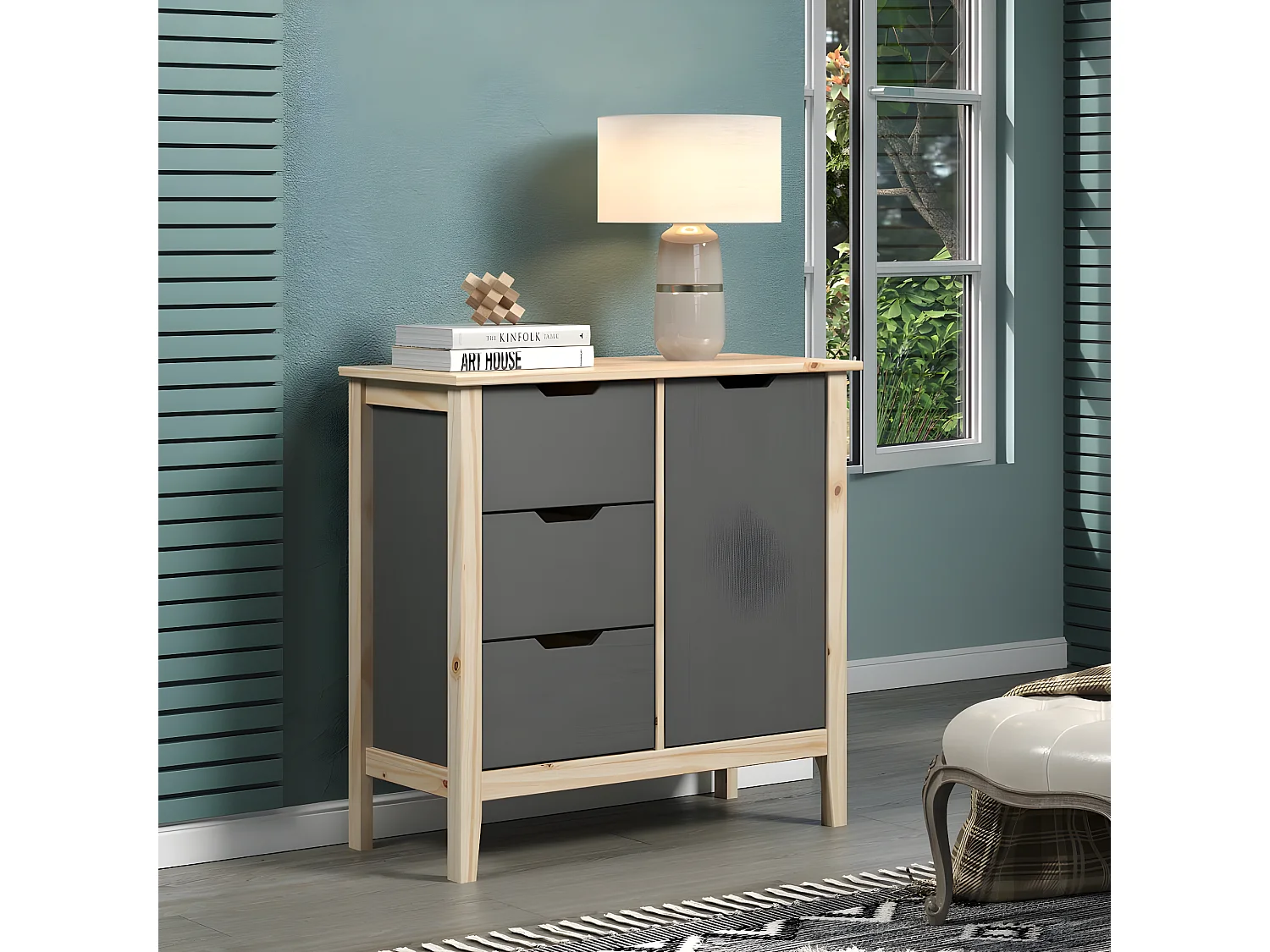 Latera commode 3 tiroirs, 1 porte gris.