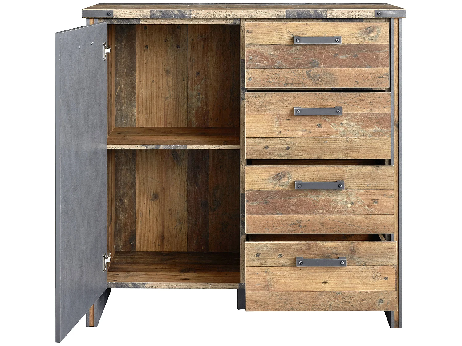 Prip Commode 1 porte et 4 tiroirs, style vieux bois, finition Matera.