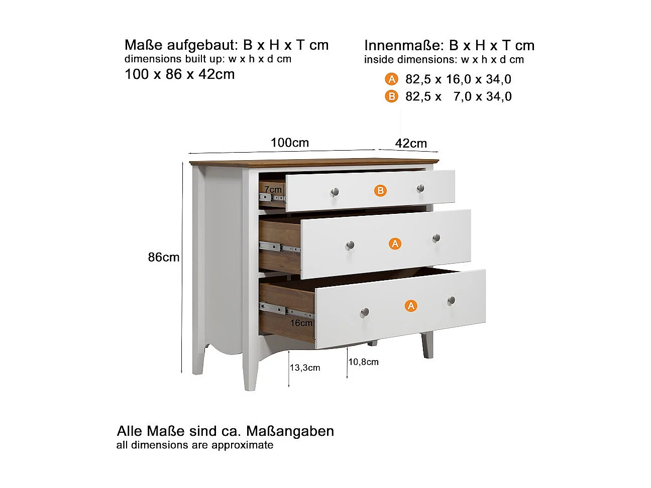 Meuble de rangement 3 tiroirs bois massif blanc et naturel Elisa