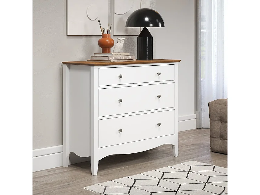 Meuble de rangement 3 tiroirs bois massif blanc et naturel Elisa