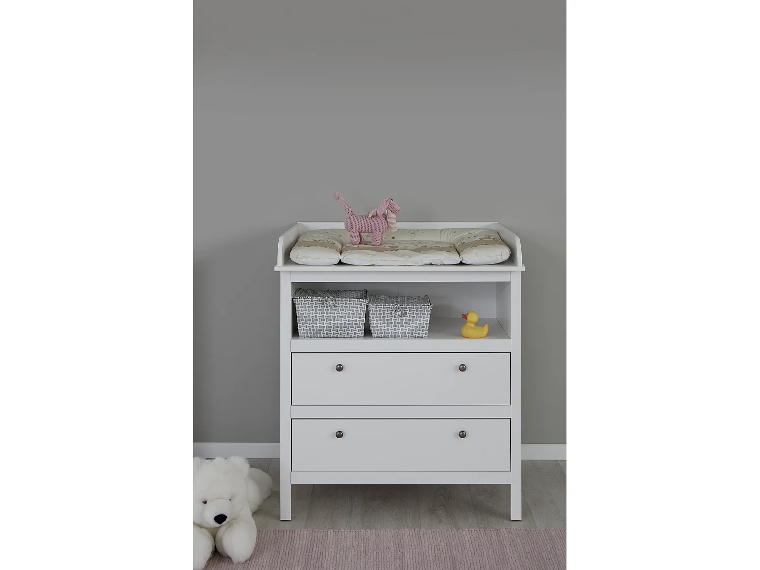 Ory Table à langer, 2 tiroirs et 1 espace de rangement ouvert, blanc.