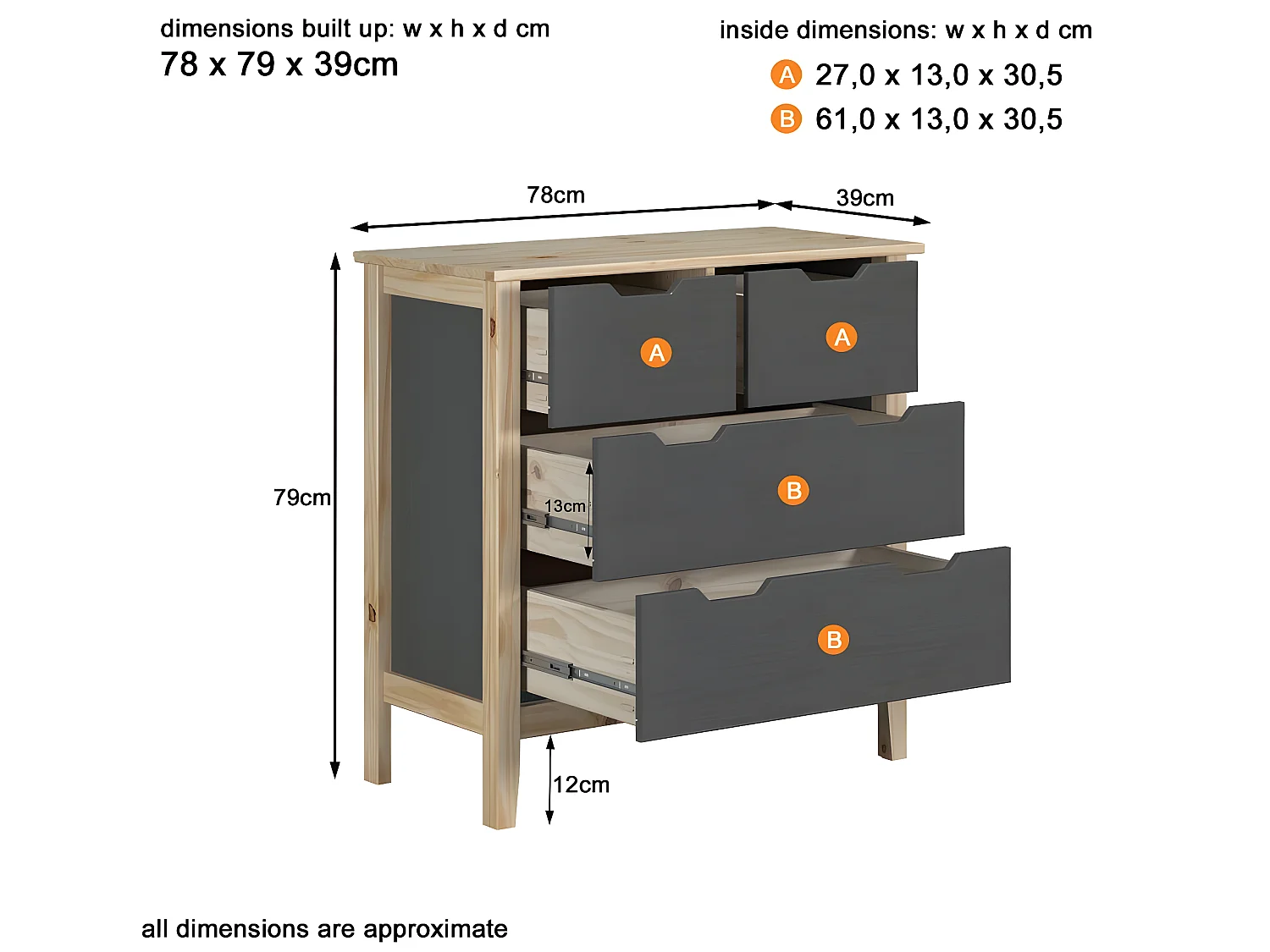 Latera kommode 2, 2 laden grijs.