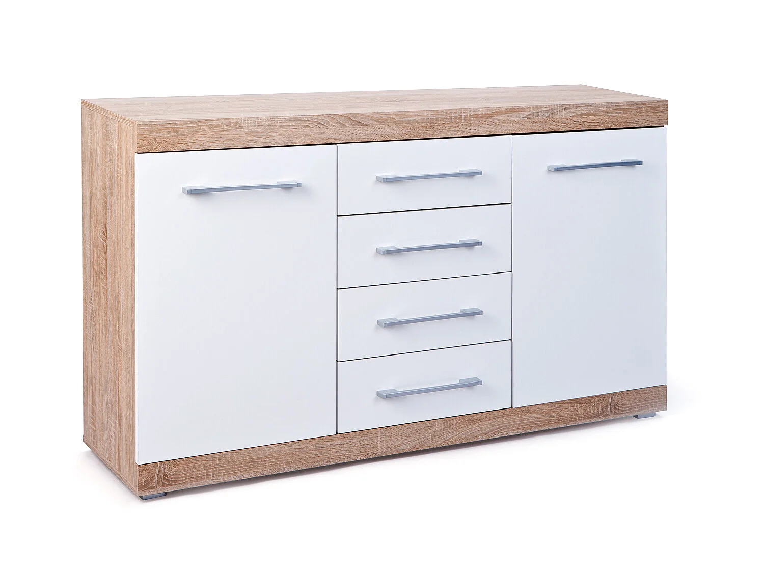 Lubef kommode 2 deuren, 4 lades Sonoma eiken decor, wit hoogglans.
