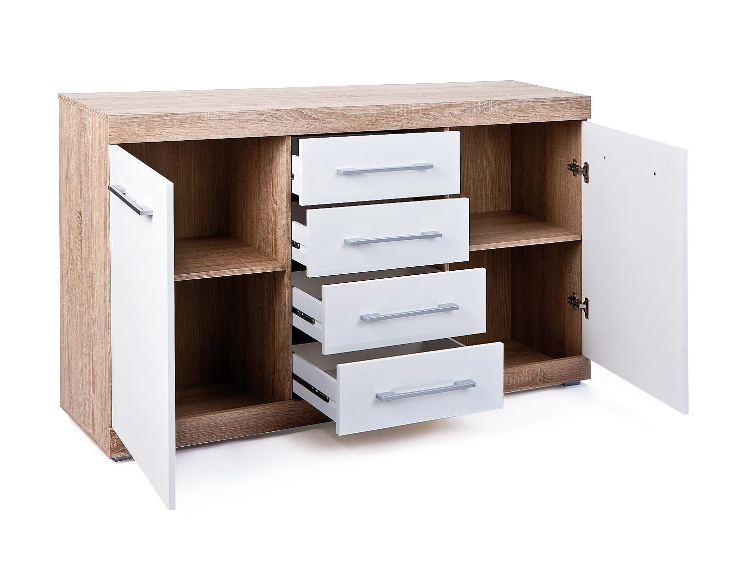 Lubef kommode 2 deuren, 4 lades Sonoma eiken decor, wit hoogglans.
