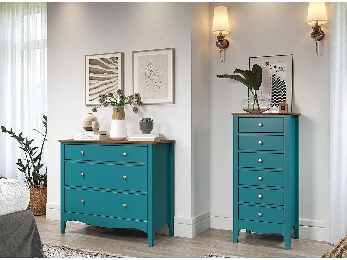 Chiffonnier 6 tiroirs bois massif bleu et naturel Elisa