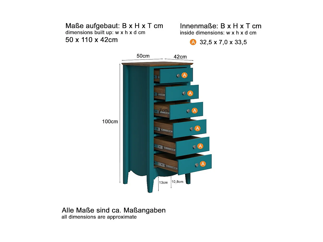 Chiffonnier 6 tiroirs bois massif bleu et naturel Elisa