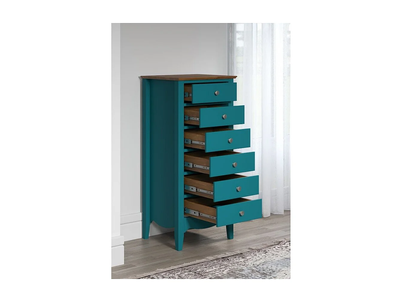 Chiffonnier 6 tiroirs bois massif bleu et naturel Elisa