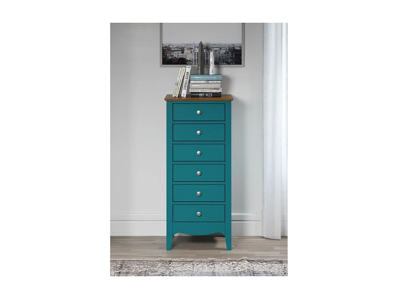 Chiffonnier 6 tiroirs bois massif bleu et naturel Elisa