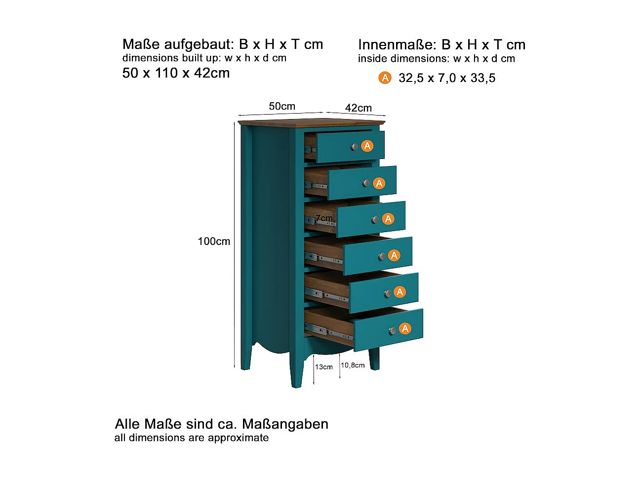 Chiffonnier 6 tiroirs bois massif bleu et naturel Elisa