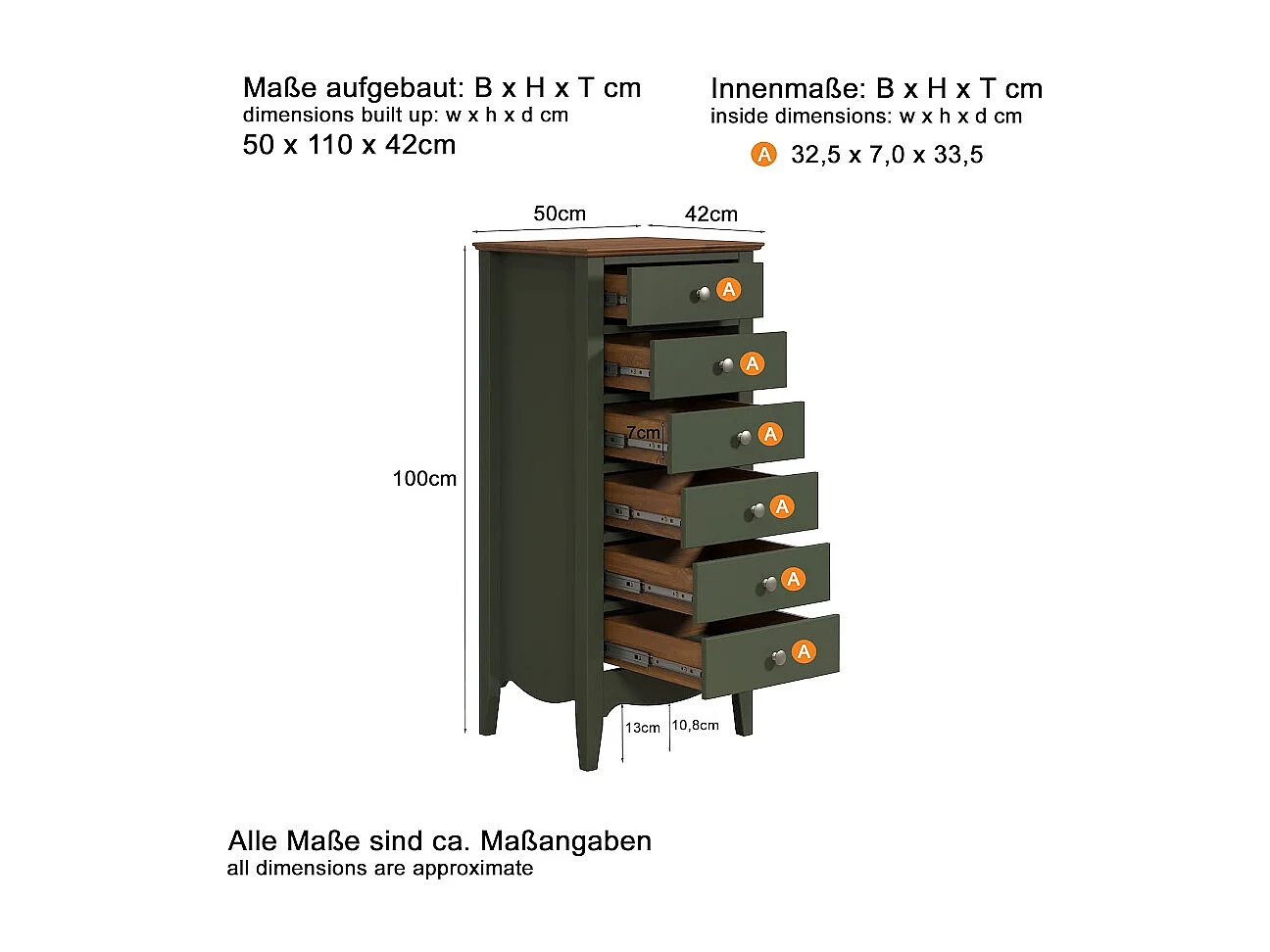 Lissabon Kommode 6 Schubladen grün,braun.