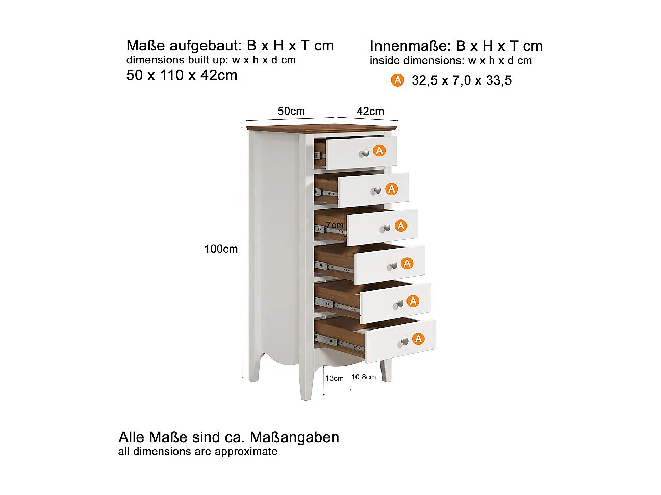 Elisa ladekast met 6 laden in wit en natuurlijk massief hout