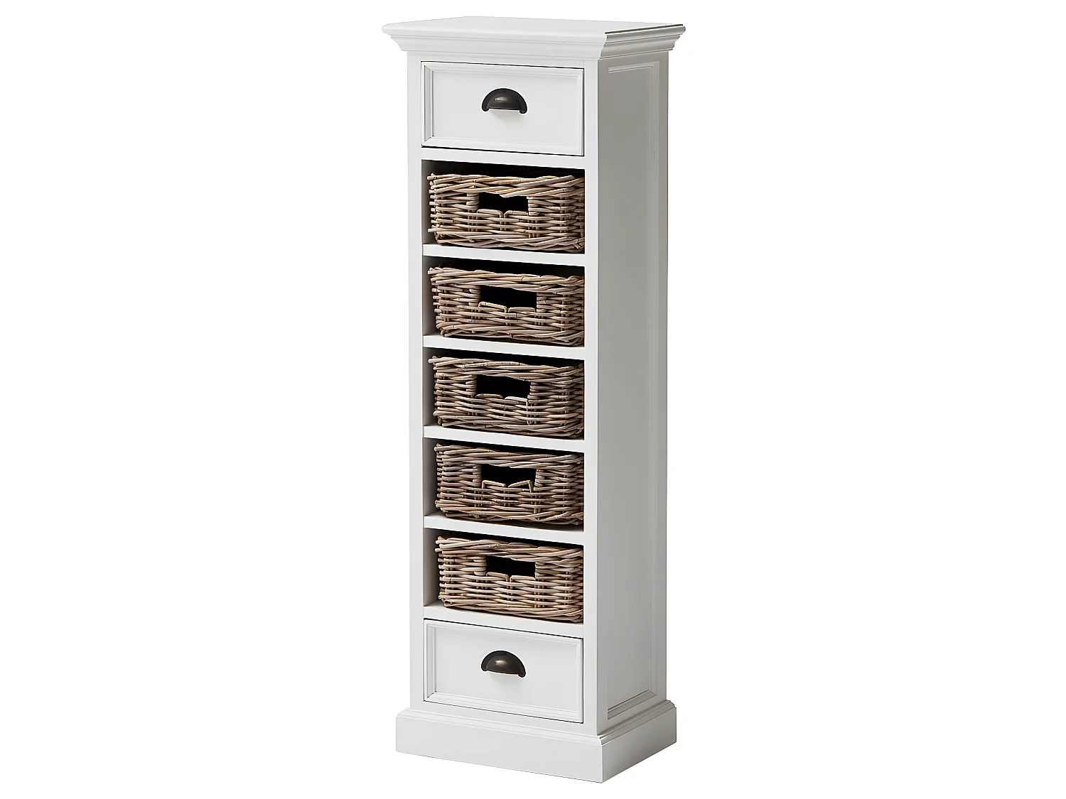 Halifax ladekast met 2 lades en 5 rieten manden, in wit.