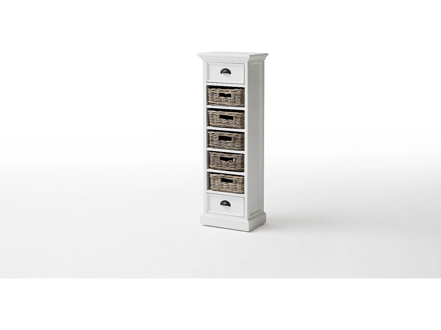 Halifax ladekast met 2 lades en 5 rieten manden, in wit.