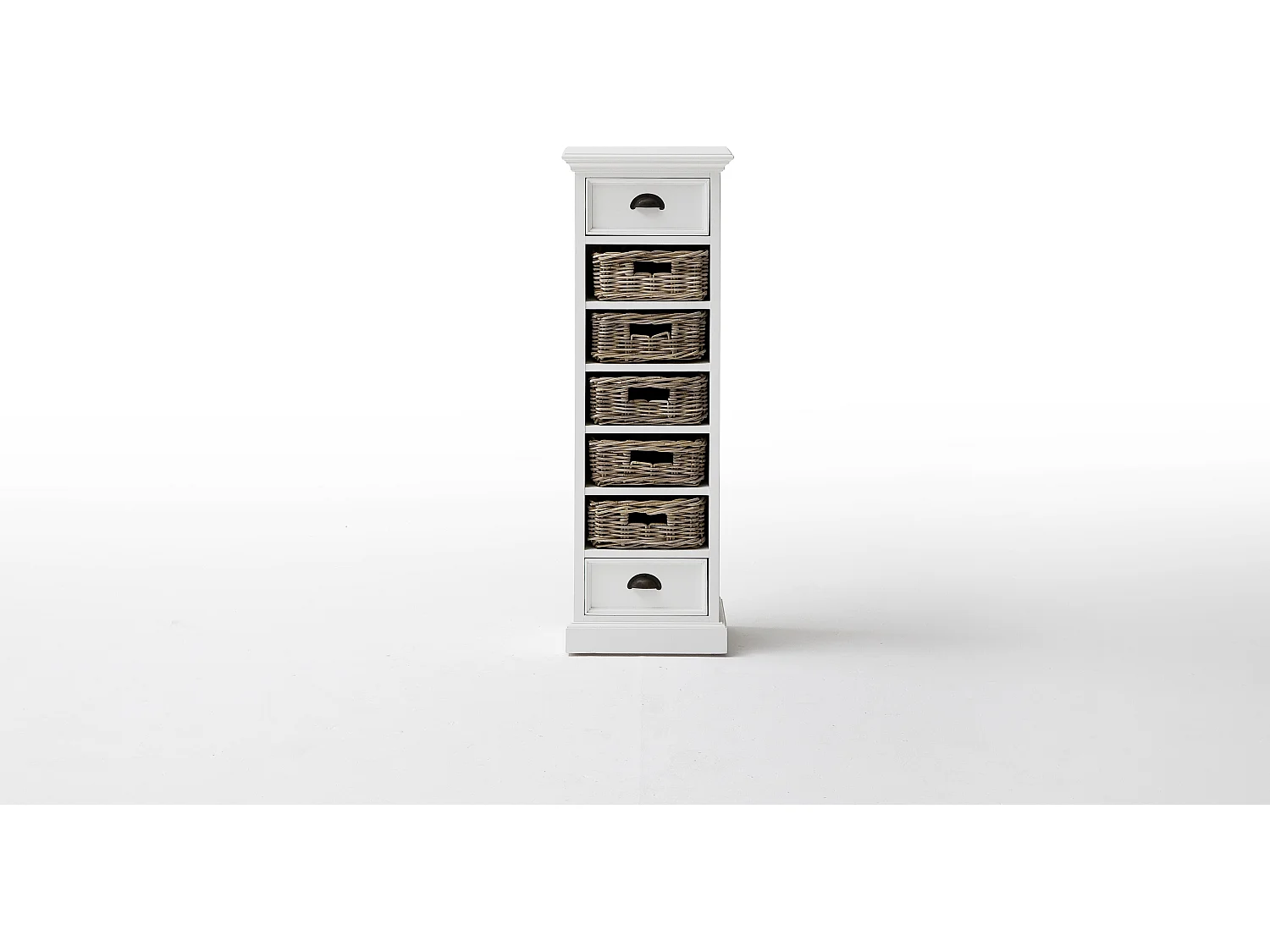 Halifax ladekast met 2 lades en 5 rieten manden, in wit.