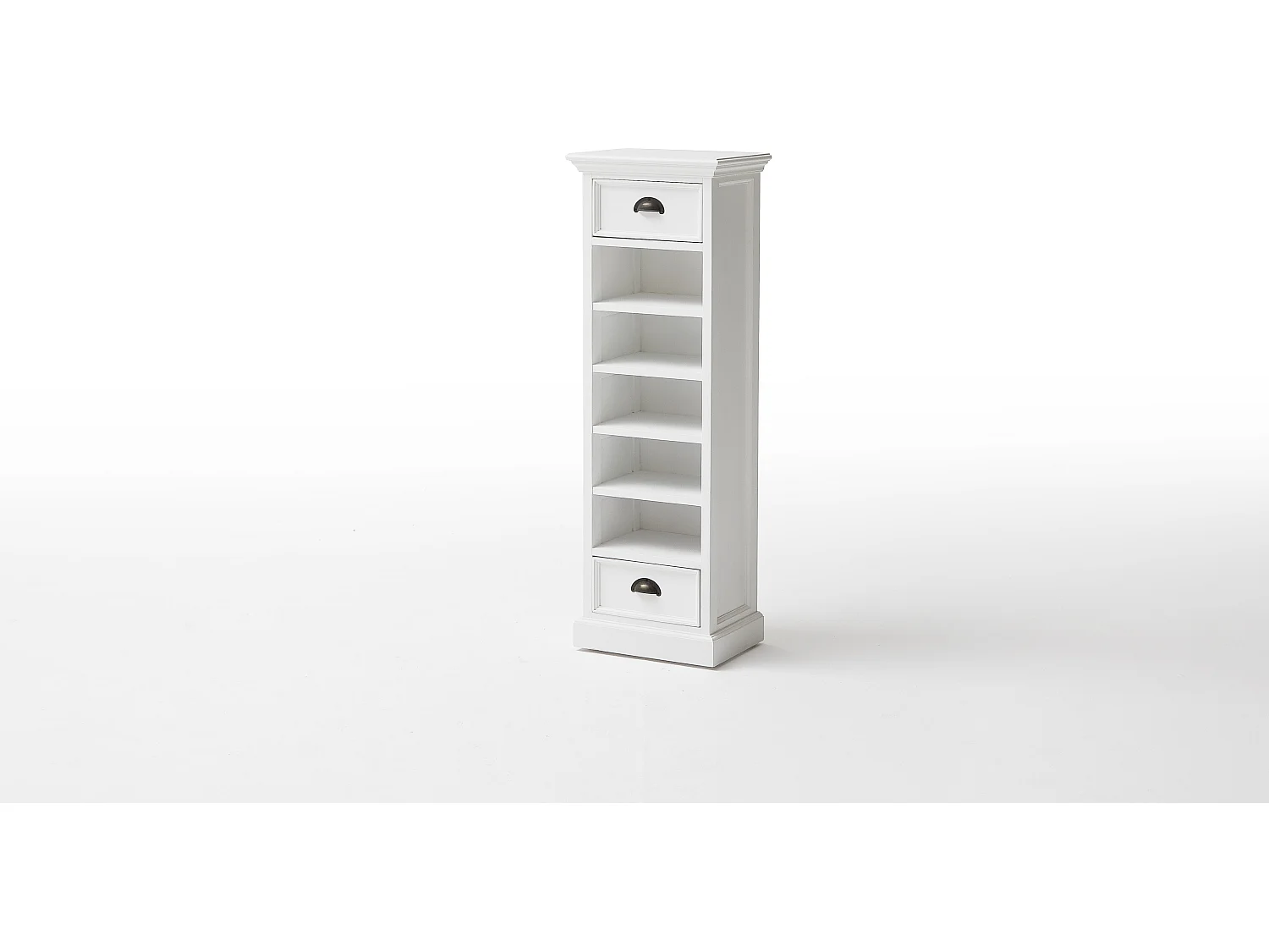 Halifax ladekast met 2 lades en 5 rieten manden, in wit.