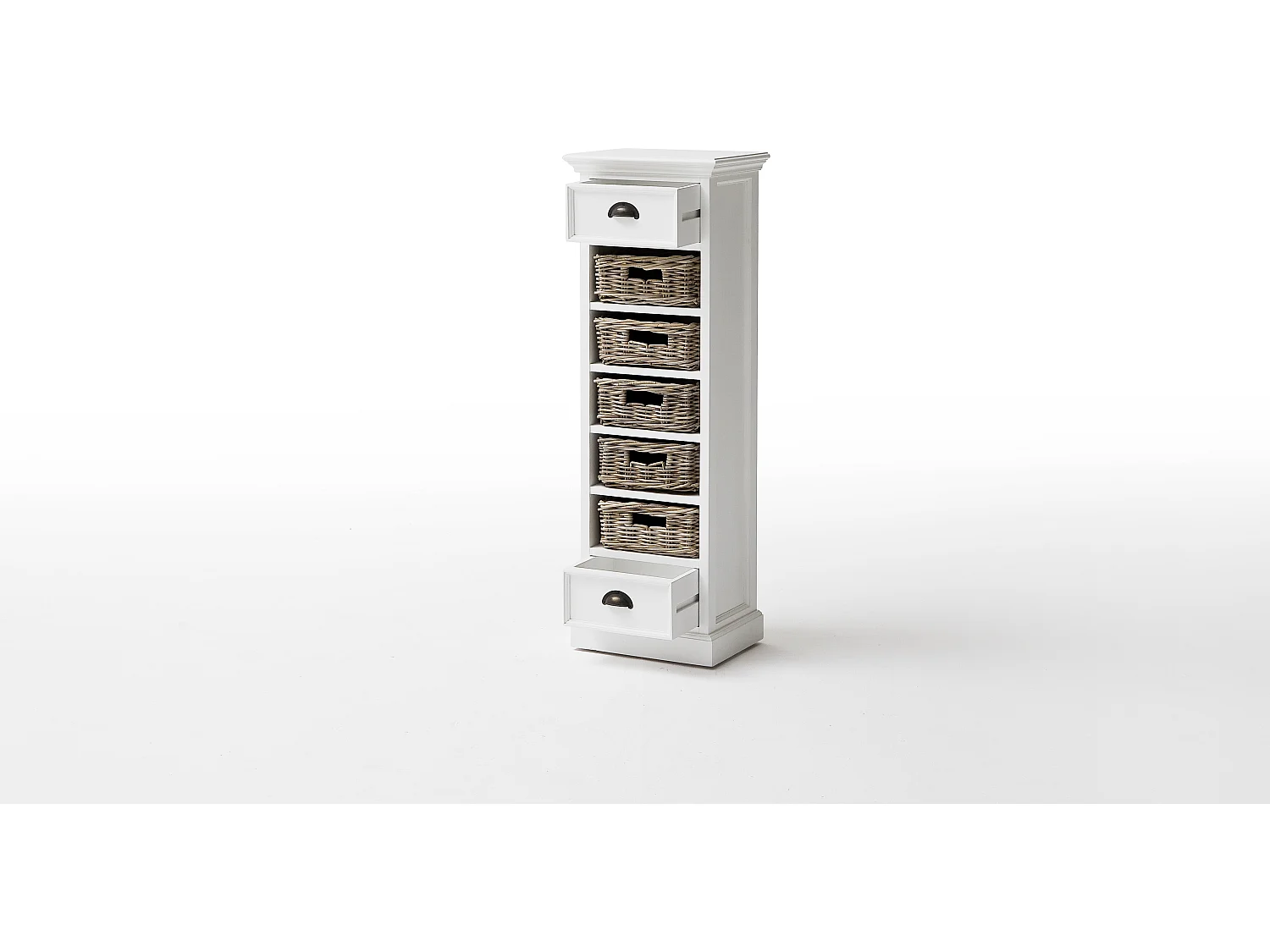 Halifax ladekast met 2 lades en 5 rieten manden, in wit.