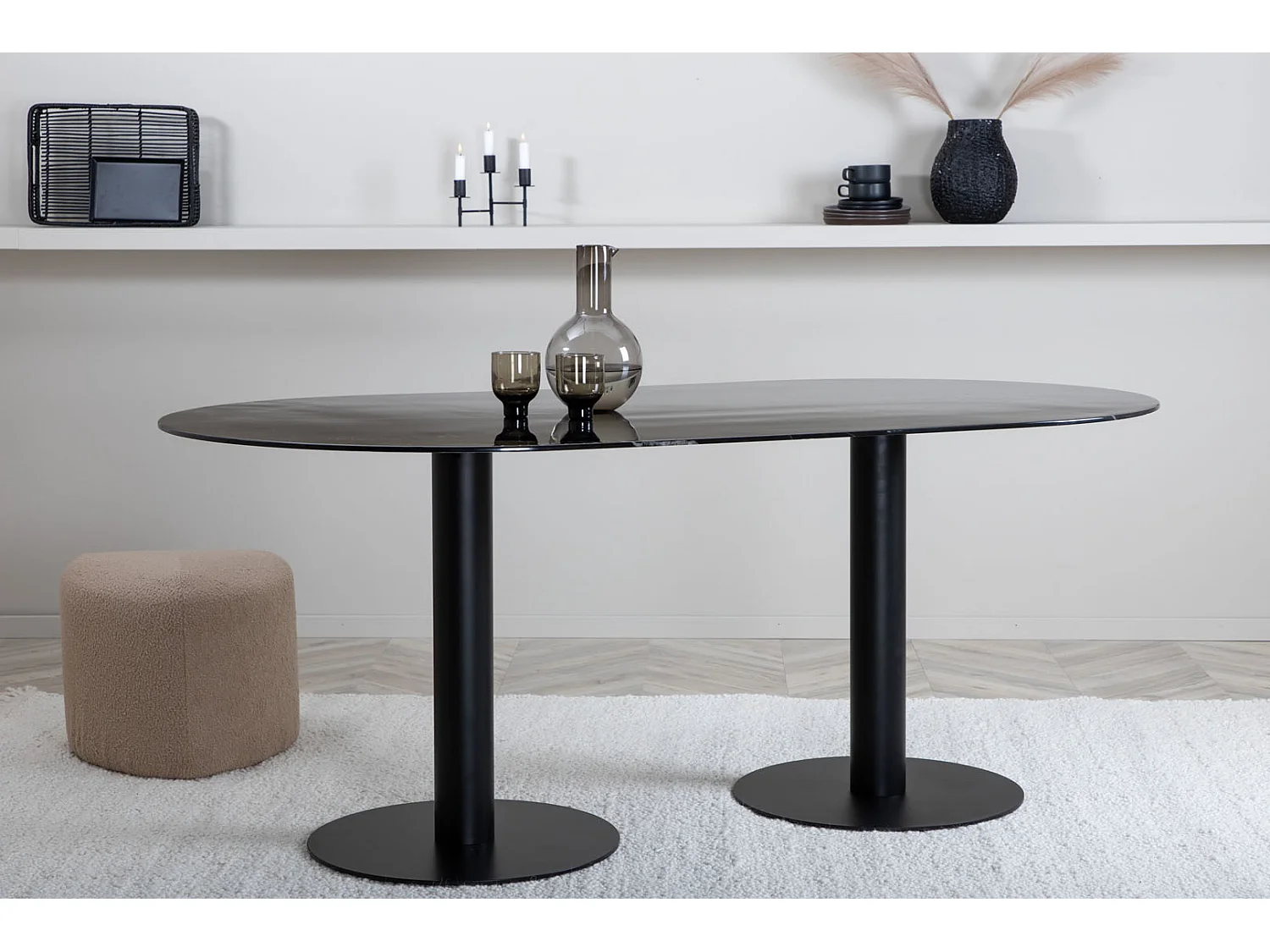 Pillan eetkamertafel 100x180cm glas zwart marmer decor.