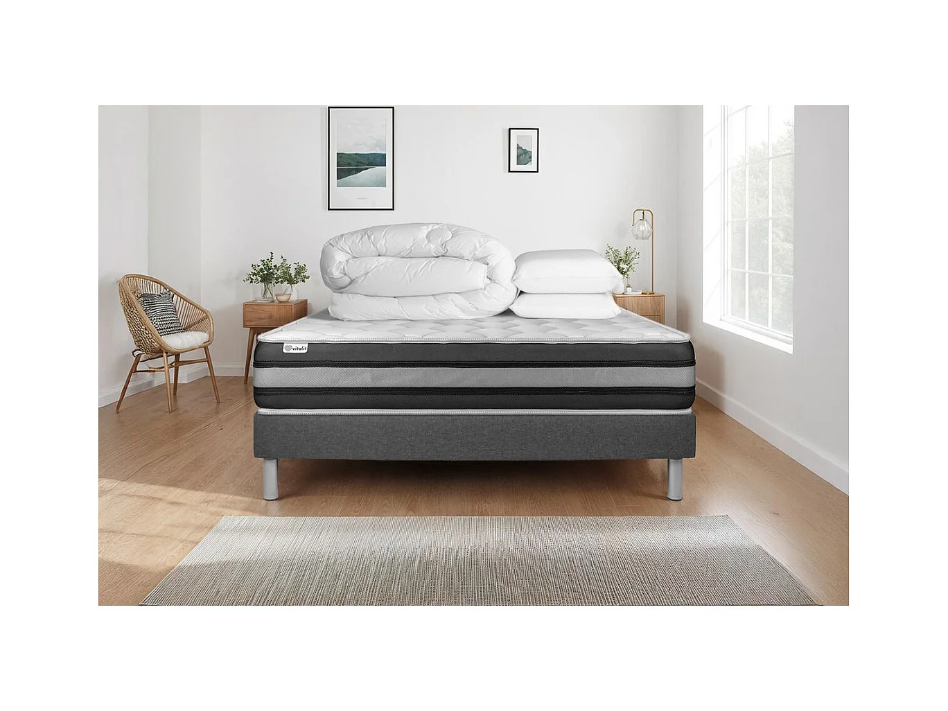 Compleet bedpakket - Matras 140x190 cm + Boxspring met lattenbodem (in kit) + 2 kussens + Dekbed - Vitalspring Zen