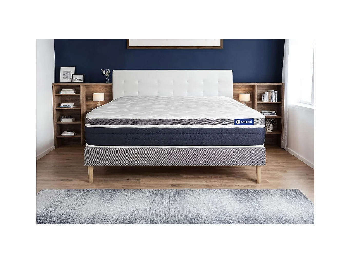 Lattenbodem en Actiflex confort matras 200x200cm , matrasdikte : 26 cm , pocketveren en traagschuim , vrij stevig, 7 comfortzones