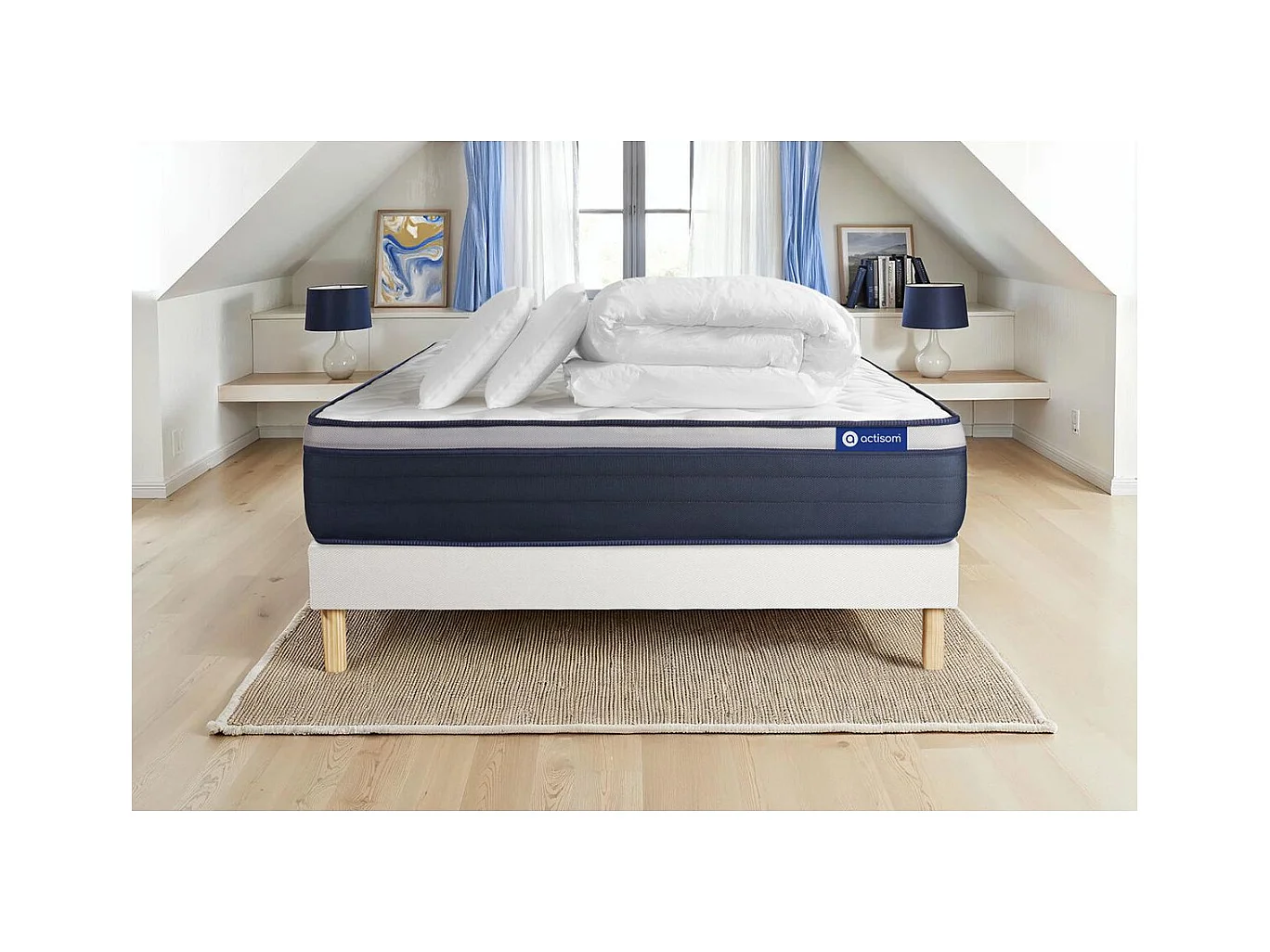 Pack prêt à dormir matelas Latex + Mémoire de forme ACTILATEX MAX 140x200 cm + sommier KIT blanc + 2 oreillers + couette