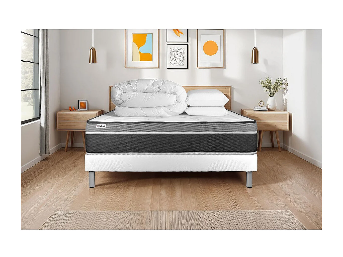 Komplettpaket Bett - Matratze 200x200 cm + Boxspringbett mit Lattenrost (im Set) + 2 Kopfkissen + Bettdecke - Vital Care