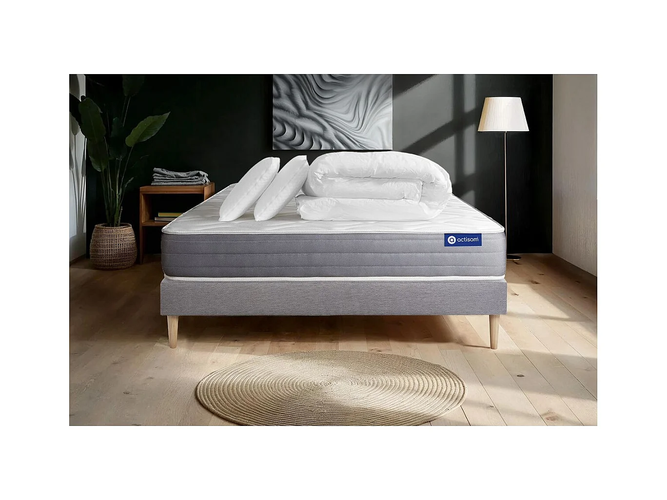 Pack prêt à dormir matelas ACTIMEMO DREAM mémoire de forme 140x200 cm 5zones confort + sommier KIT gris + 2oreillers+couette
