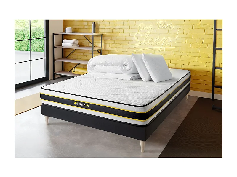 Komplettpaket Bett - Matratze 140x190 cm + Boxspringbett mit Lattenrost (im Set) + 2 Kopfkissen + Bettdecke - Flexy