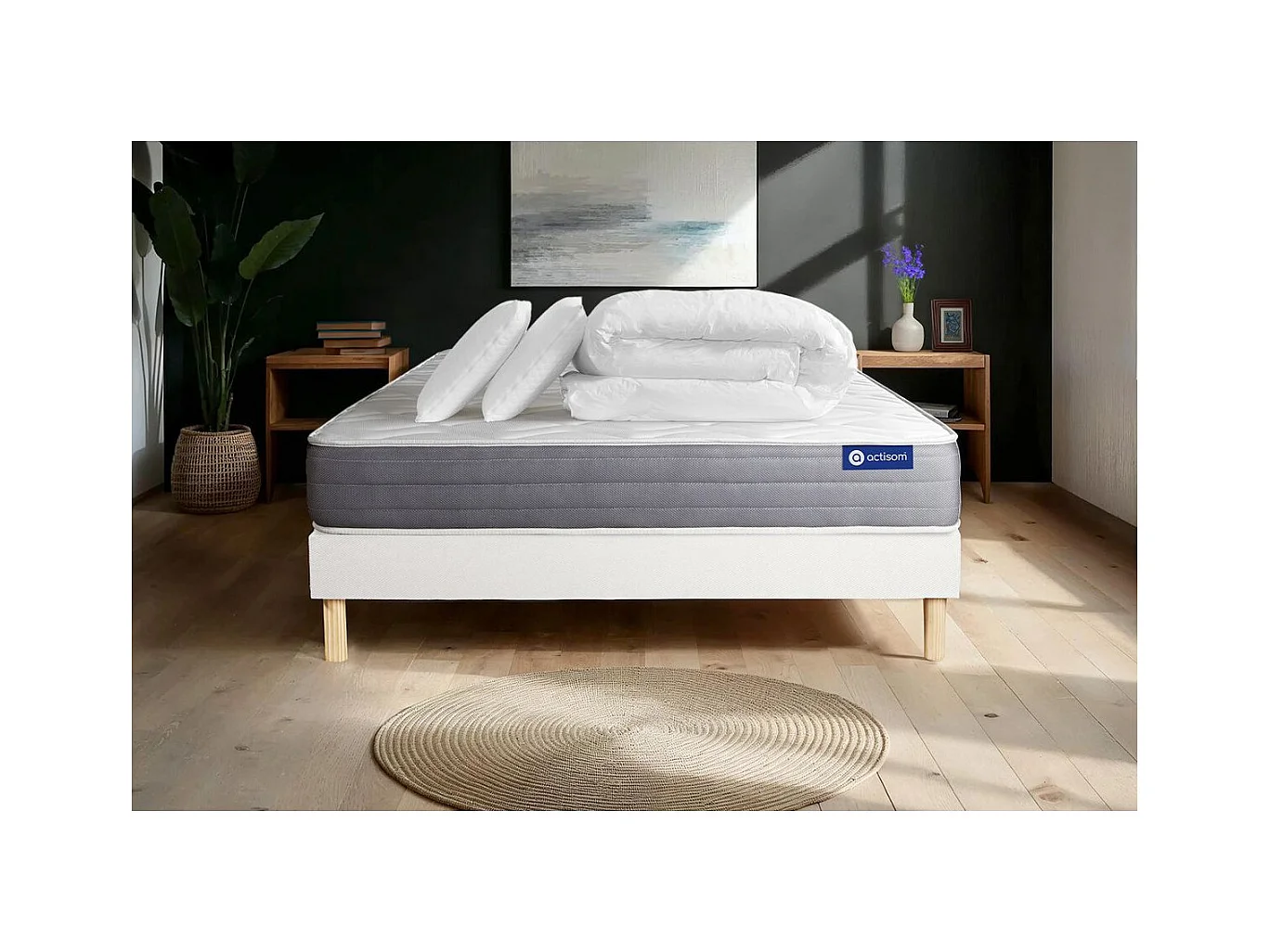 Pack prêt à dormir matelas ACTILATEX DREAM Latex et mémoire de forme 180x200 cm + sommier KIT blanc + 2 oreillers + couette