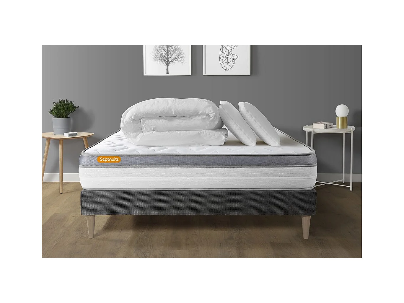 Pack matelas + sommier kit gris 180x200 Memo Zen Mousse à mémoire de forme MAXI épaisseur + Couette + 2 oreillers