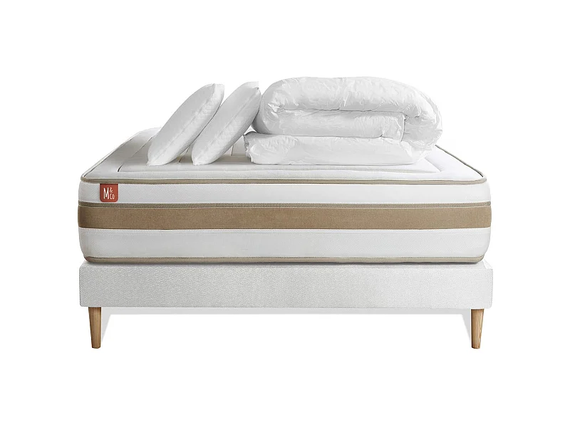 Pack prêt à dormir matelas LE RAFFINÉ 160x200cm Ressorts ensachés + Mémoire de forme BioVisco + sommier Blanc
