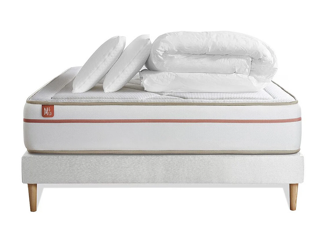 Pack prêt à dormir matelas LE PAISIBLE 160x200cm Mémoire de forme BioVisco + sommier Blanc + 2 oreillers + couette 260x240