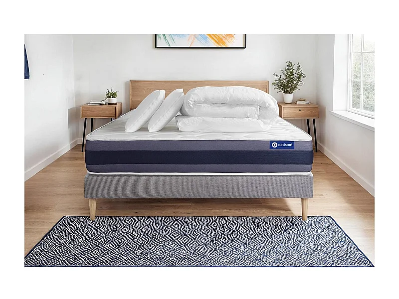 Pack prêt à dormir matelas Mémoire de forme ACTIMEMO MORPHO 140x200 5zones confort + sommier KIT gris + 2 oreillers +couette
