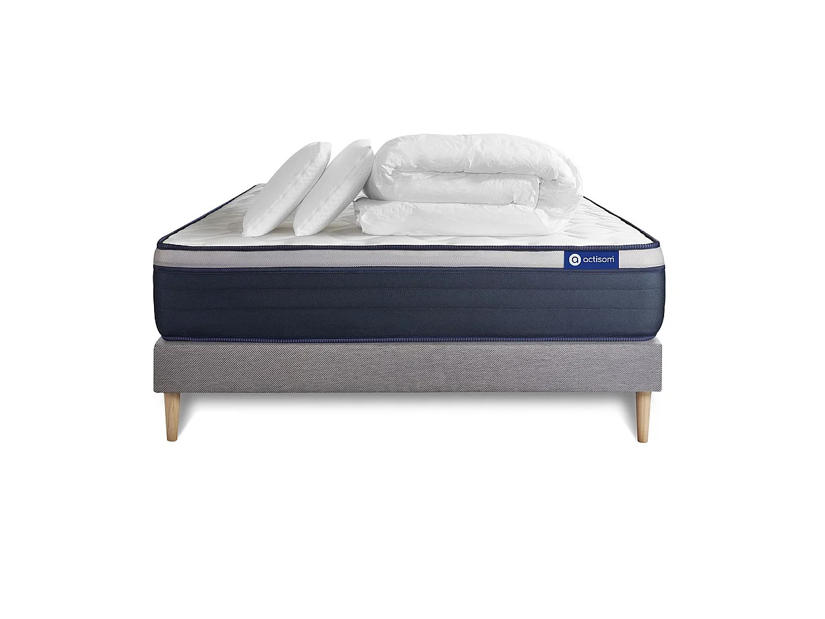 Pack prêt à dormir matelas Ressorts ensachés+Mémoire de forme ACTIFLEX MAX 140x190cm + sommier KIT gris + 2oreillers+couette