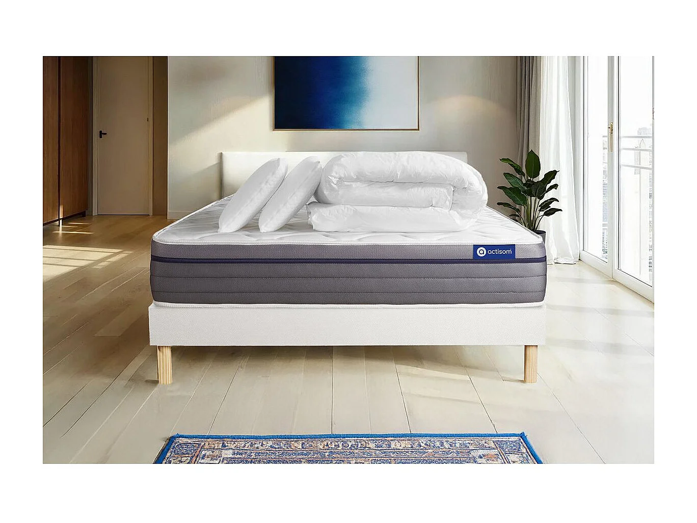 Pack prêt à dormir matelas Latex + Mémoire de forme ACTILATEX ZEN 140x200 cm + sommier KIT blanc + 2 oreillers + couette