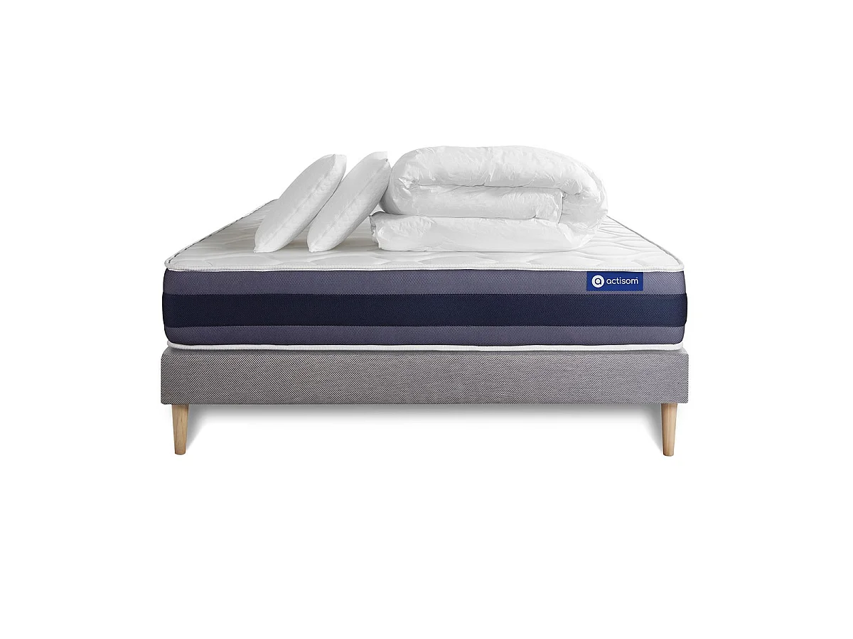 Pack prêt à dormir matelas Mémoire de forme ACTIMEMO MORPHO 140x190 5zones confort + sommier KIT gris + 2 oreillers +couette