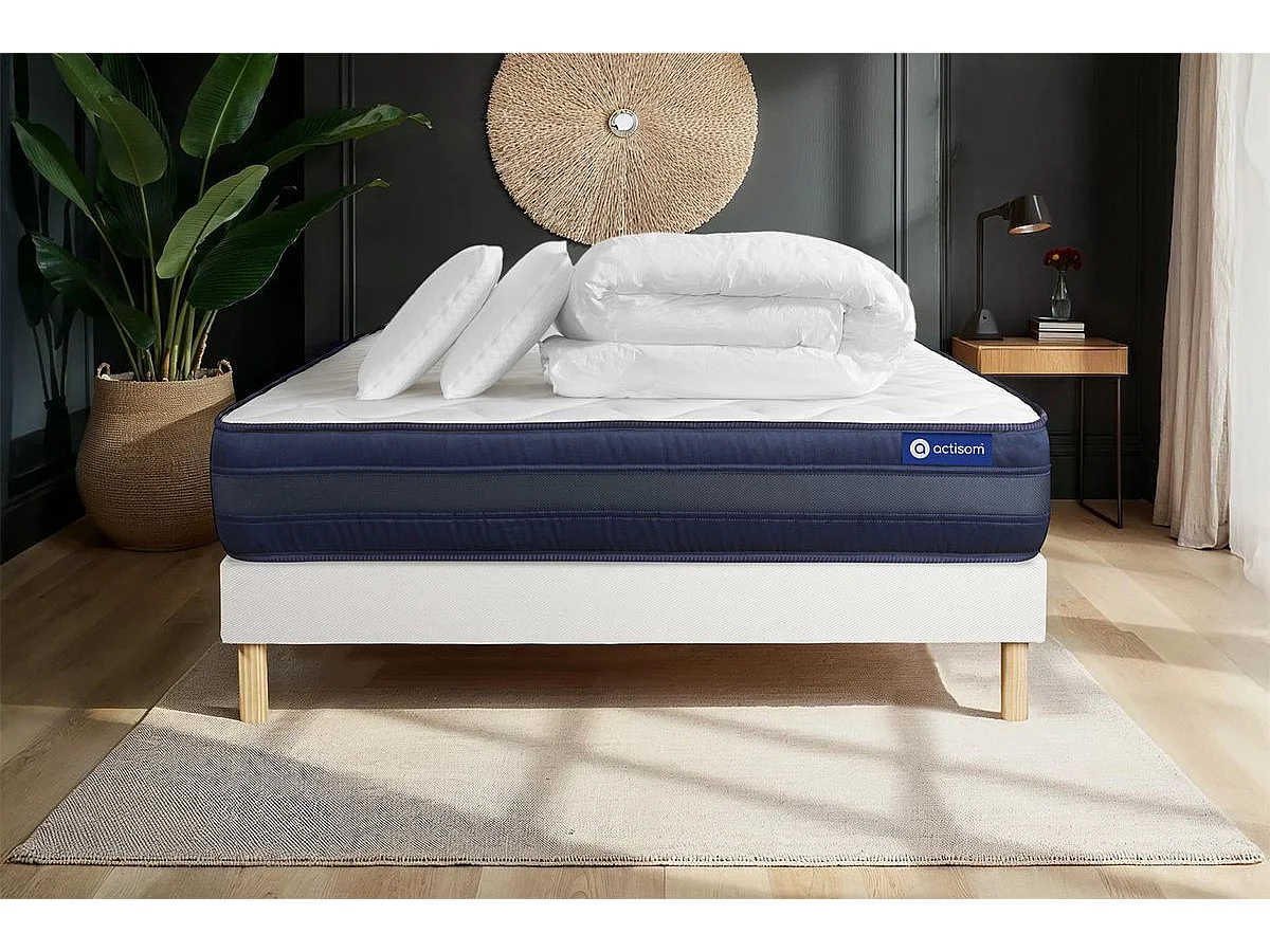 Pack prêt à dormir matelas ACTIMEMO TECH 140x200 Mémoire de forme 5zones de confort + sommier KIT blanc + 2oreillers +couette