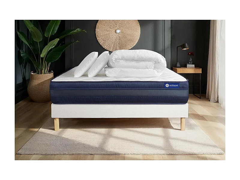 Pack prêt à dormir matelas ACTIMEMO TECH 140x200 Mémoire de forme 5zones de confort + sommier KIT blanc + 2oreillers +couette