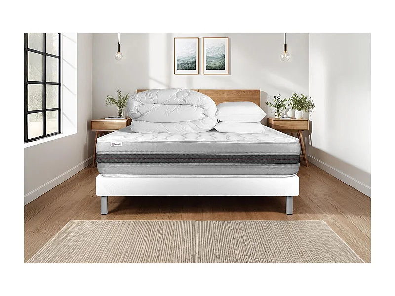 Pack cama completa - Colchón 160x200cm + Somier con láminas (en kit) + 2 almohadas + Edredón - Vitalspring Recover
