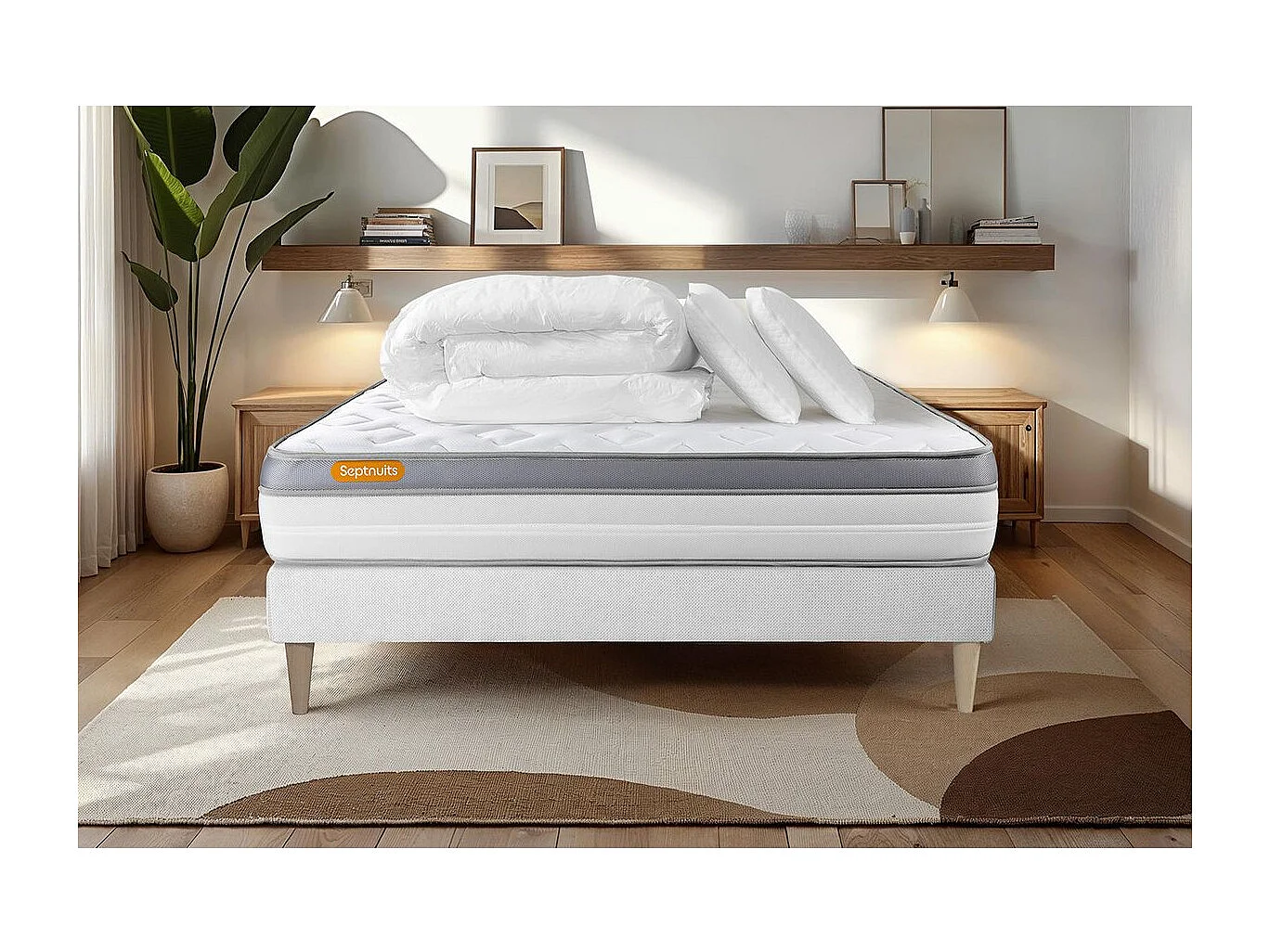 Pack matelas + sommier 160x200 Memo Zen Mousse à mémoire de forme 5 zones de confort MAXI épaisseur + Couette + 2 oreillers